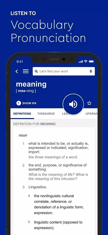 Example of a word definition page in Dictionary.com Premium mod