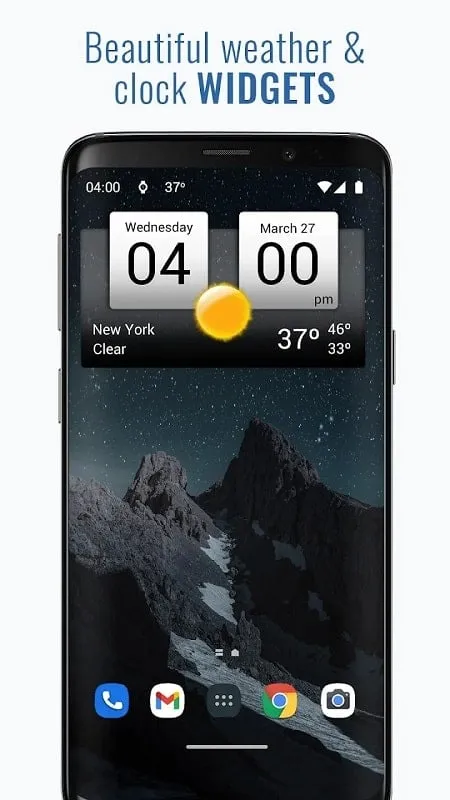 Interfaz del mod Reloj Digital y Clima Mundial mostrando funciones premium