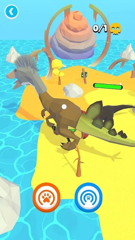 Gameplay screenshot showcasing a dinosaur battle in the arena.