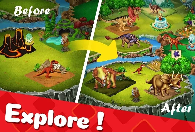 Gameplay screenshot of Dino World, showing a player's park with a variety of dinosaurs and habitats.