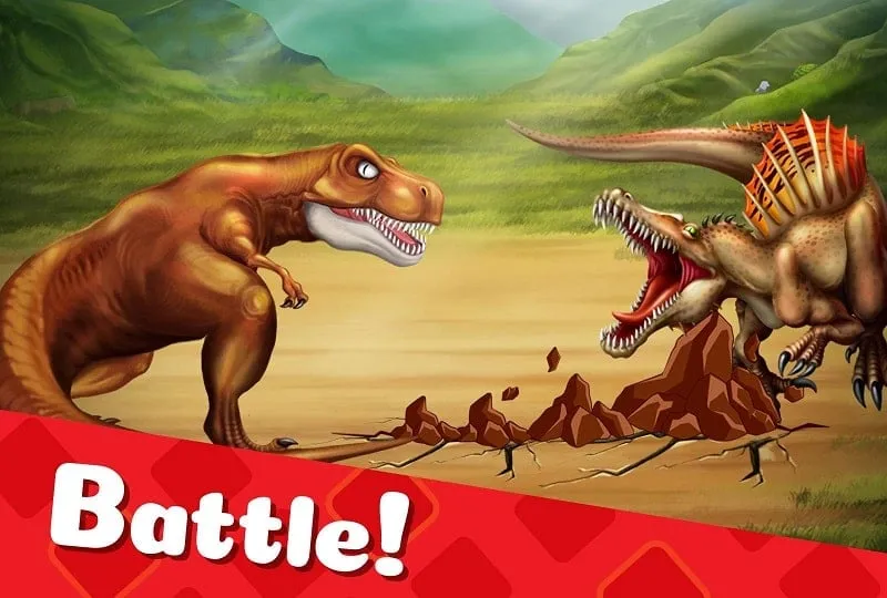 Captura de pantalla que ilustra una escena de batalla en Dino World, con dos dinosaurios enfrentados.