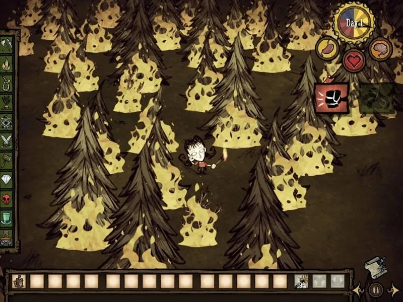 Gameplay screenshot of Don't Starve Pocket Edition showcasing the character selection screen with all characters unlocked.