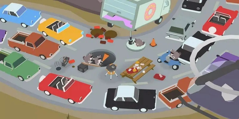 Screenshot dalam game yang menampilkan sumber daya uang tak terbatas di Donut County MOD APK.