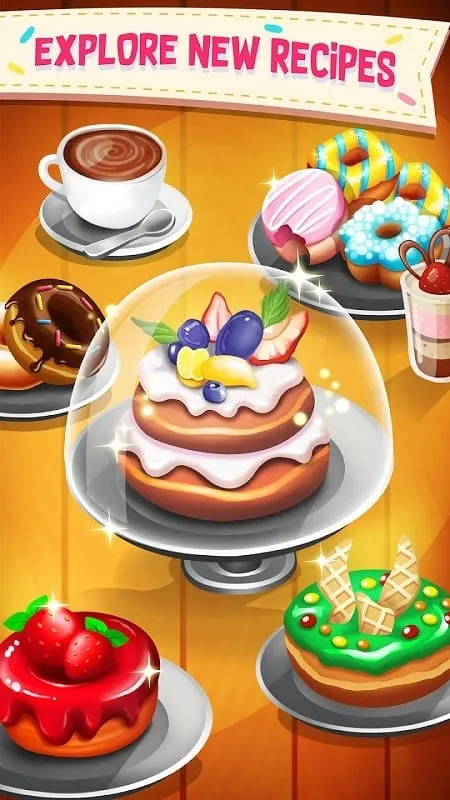 Ảnh chụp màn hình trong game Donut Factory Tycoon Games hiển thị menu nâng cấp với mod nâng cấp miễn phí đang hoạt động.