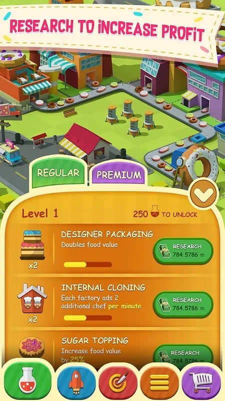 Ảnh chụp màn hình mod Donut Factory Tycoon Games giới thiệu thu nhập và tốc độ sản xuất được tăng cường.