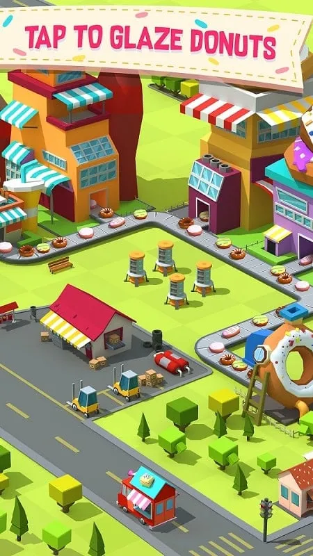 Ảnh chụp màn hình gameplay của Donut Factory Tycoon Games giới thiệu các loại bánh donut và nâng cấp khác nhau.