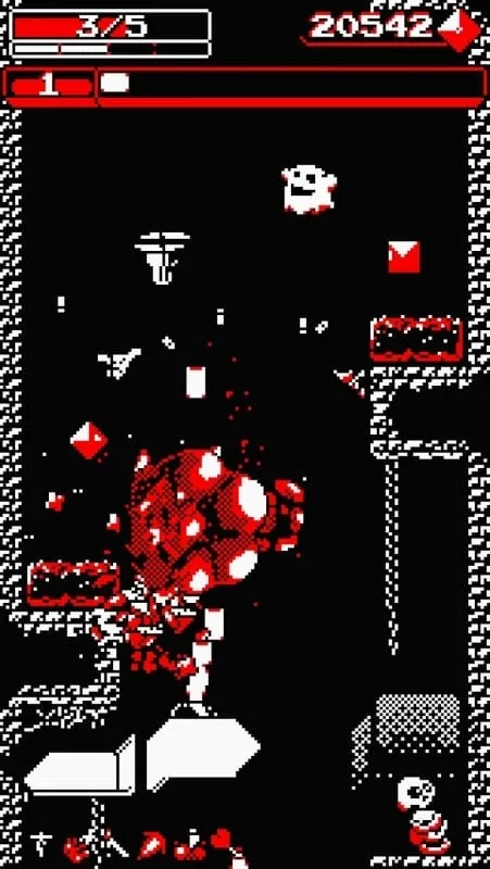 Captura de pantalla de la tienda del juego en Downwell, donde los jugadores pueden gastar gemas en mejoras.