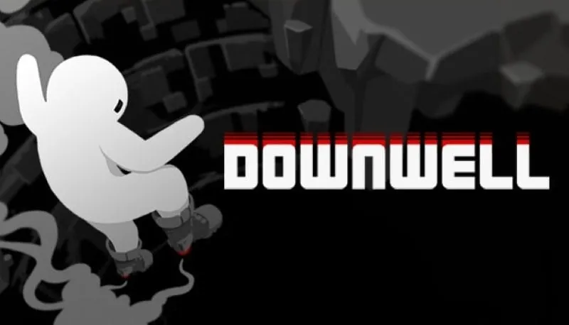 Hình ảnh gameplay Downwell cho thấy nhân vật đang rơi xuống giếng, bắn quái vật và thu thập đá quý.