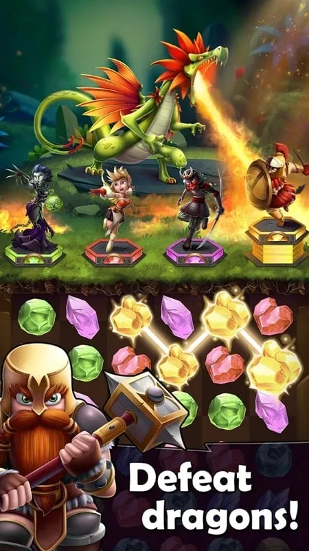 Ảnh chụp màn hình gameplay hiển thị lựa chọn anh hùng trong Dragons Diamonds.