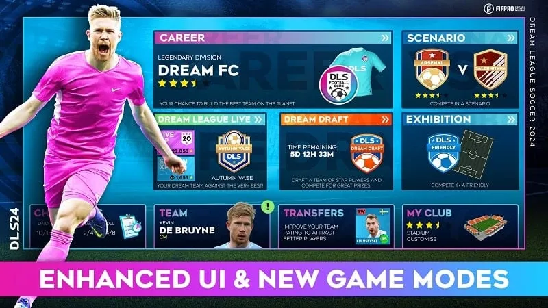 Screenshot gameplay Dream League Soccer 2024 MOD APK dengan fitur terbaru.