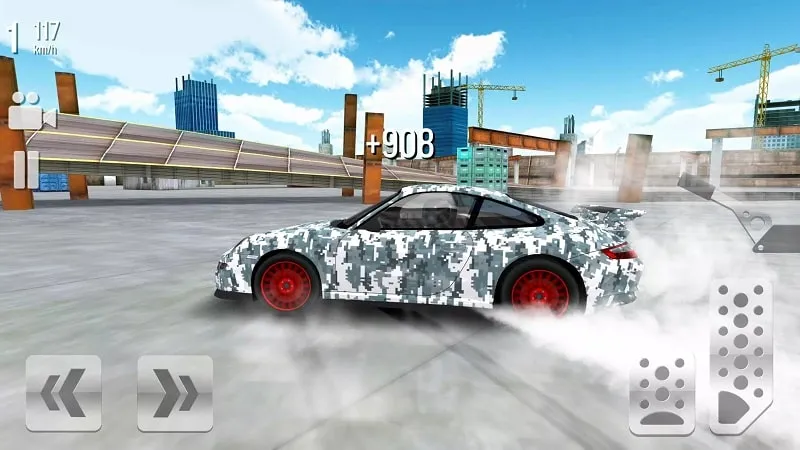 Drifting a sports car around a corner in Drift Max City.