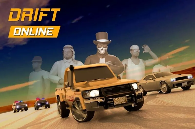 Màn hình chính của Drift Online hiển thị các tùy chọn trò chơi và đơn vị tiền tệ trong game.