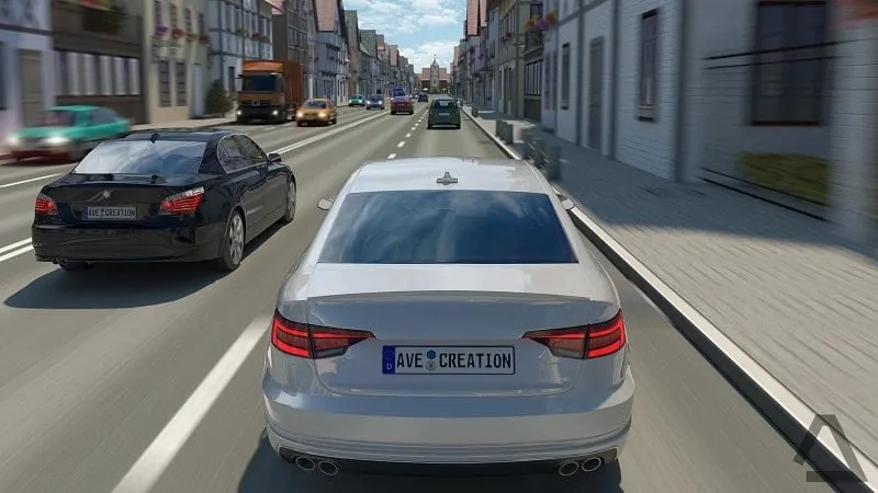 Tangkapan layar gameplay Driving Zone Germany Pro menampilkan perspektif mengemudi orang pertama.