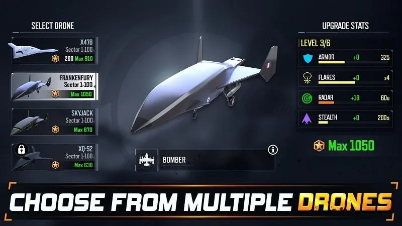 Gameplay screenshot showing various drones and the in-game interface in Drone 5.