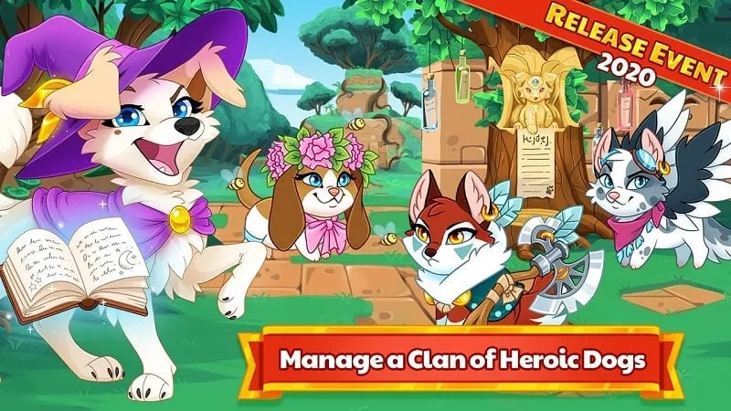 Hình ảnh trong game Dungeon Dogs MOD, hiển thị giao diện chính với các chú chó anh hùng.