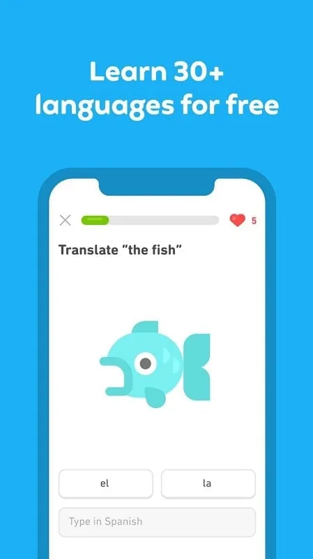 Tampilan antarmuka Duolingo mod dengan fitur premium