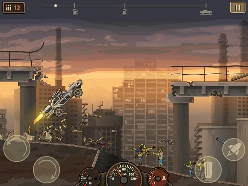 Earn to Die 2 screenshot displaying a vehicle equipped with upgrades and weapons.