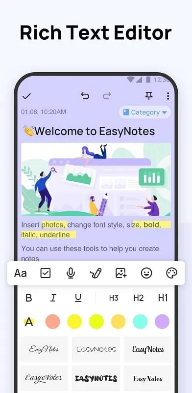 Easy Notes mod interface displaying various note organization options