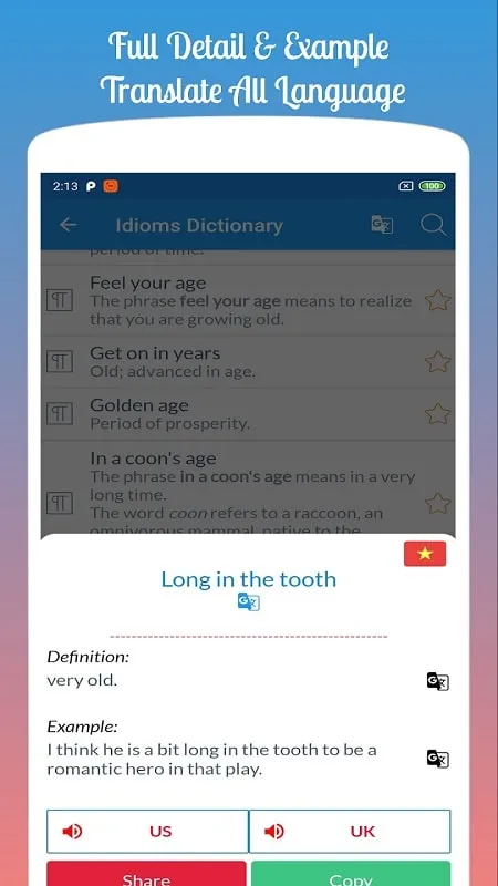 Tampilan antarmuka English Idioms Phrases mod apk gratis di Android