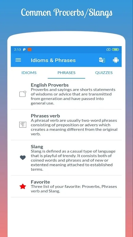 Contoh tampilan English Idioms Phrases mod apk