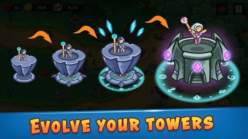 Hình ảnh gameplay Epic Empire: Tower Defense với tháp được nâng cấp và nhân vật đa dạng.