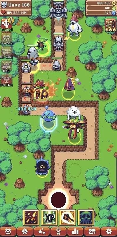 Screenshot of a challenging level in Epic Monster TD, showcasing a boss encounter and strategic placement of monster units.