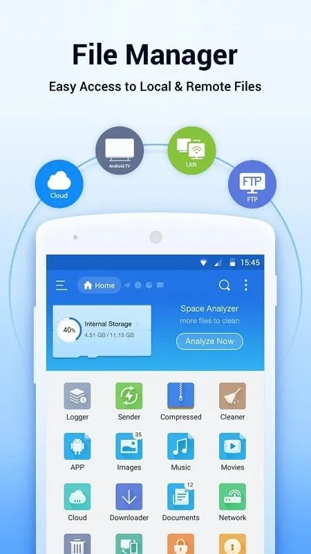 Interface do ES File Explorer mod mostrando recursos premium