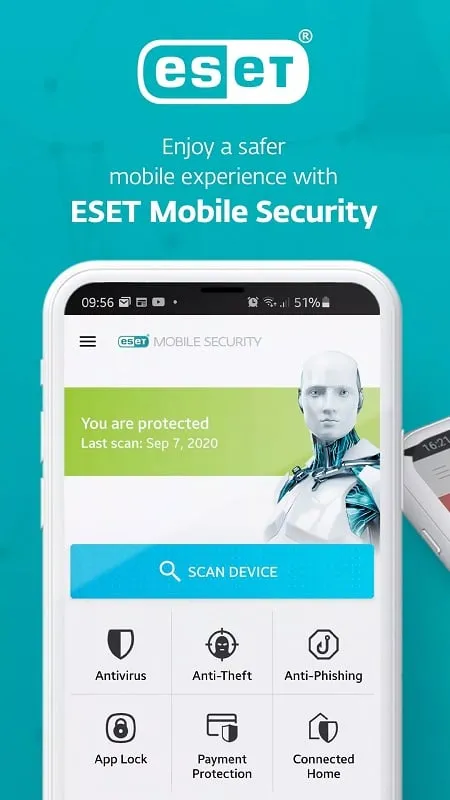 ESET Mobile Security Antivirus mod interface showing premium features