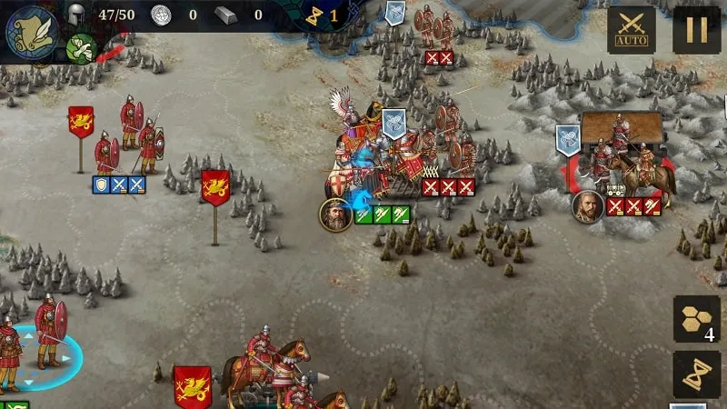 Gameplay screenshot showcasing diverse unit types and a fortified castle in European War 7.