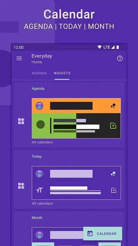 Interfaz del mod Everyday Calendar Widget mostrando funciones premium