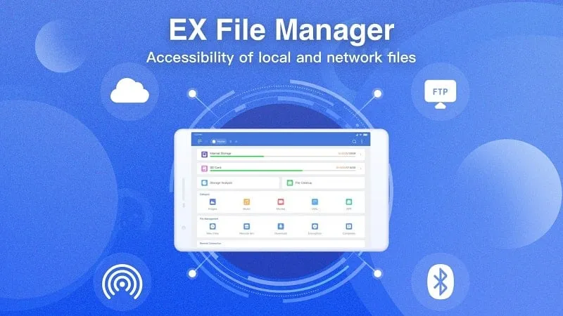 Interface do EX File Manager Mod mostrando recursos premium