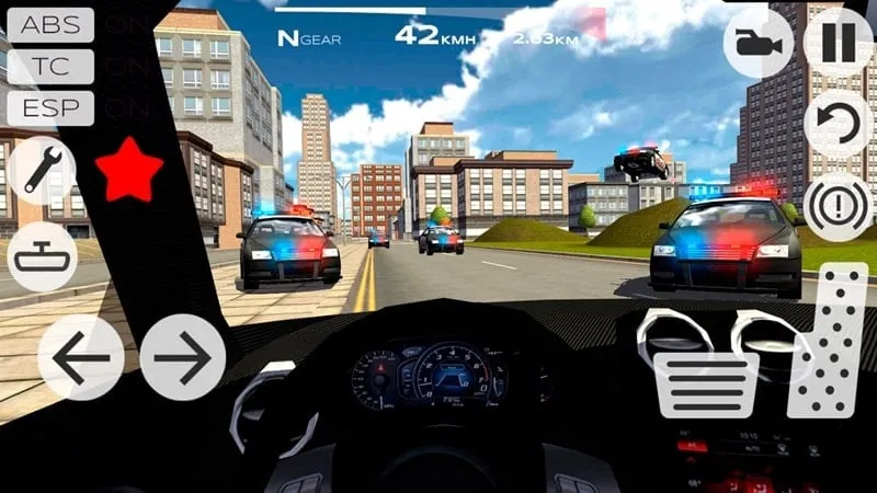 A screenshot of a car maneuvering through city streets in Extreme Car Driving Racing 3D, highlighting the police chase aspect of the game.