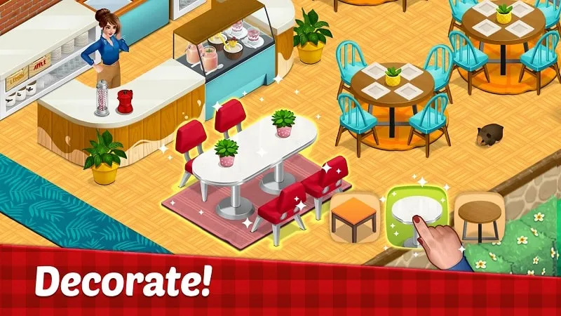 Interfaz de Mansion Cafe MOD APK mostrando Dinero Infinito