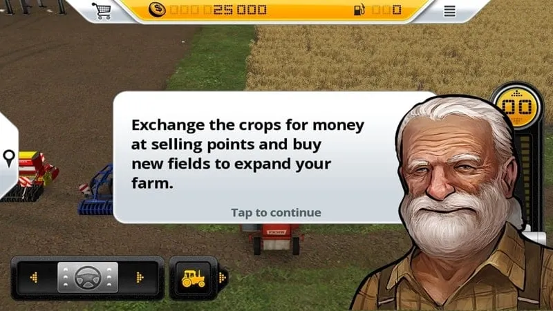 Ảnh chụp màn hình trò chơi Farming Simulator 14 giới thiệu một trang trại với nhiều loại cây trồng và máy móc.