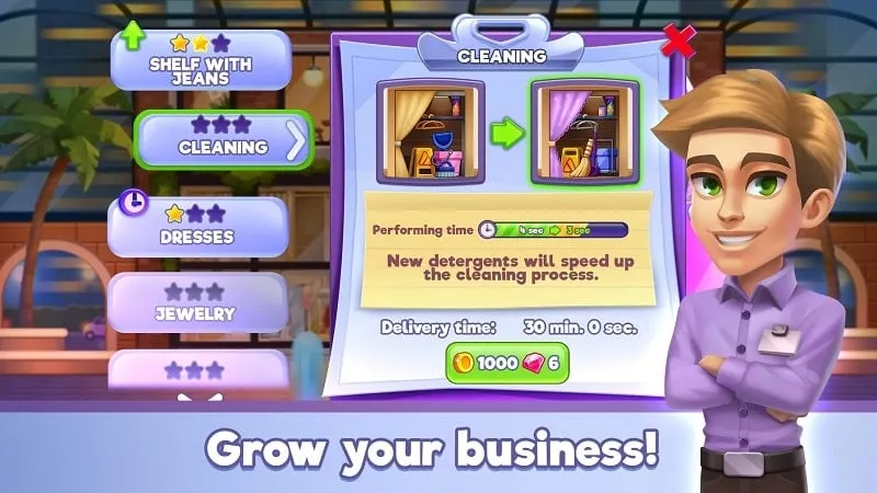 Screenshot displaying unlimited money and resources in the Fashion Shop Tycoon MOD.