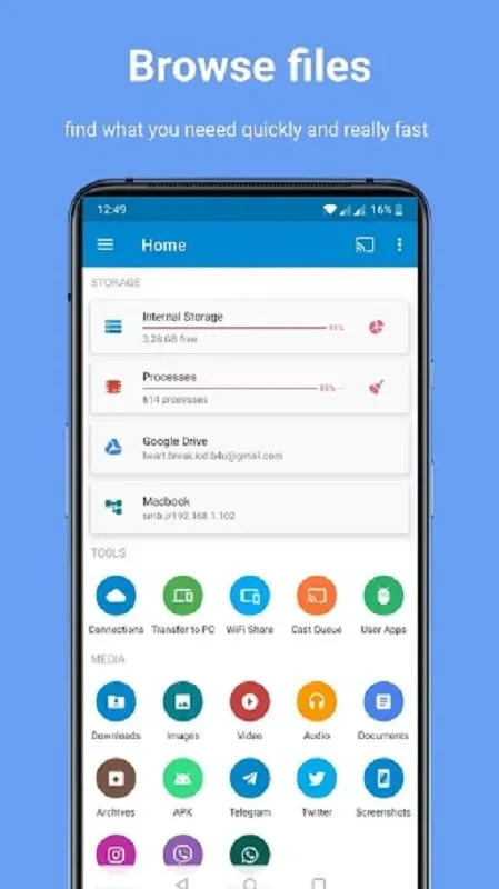 File Manager Pro mod interface showing premium features