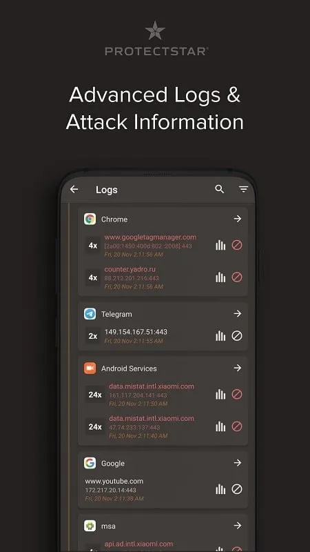 Firewall No Root mod showing blocked connections