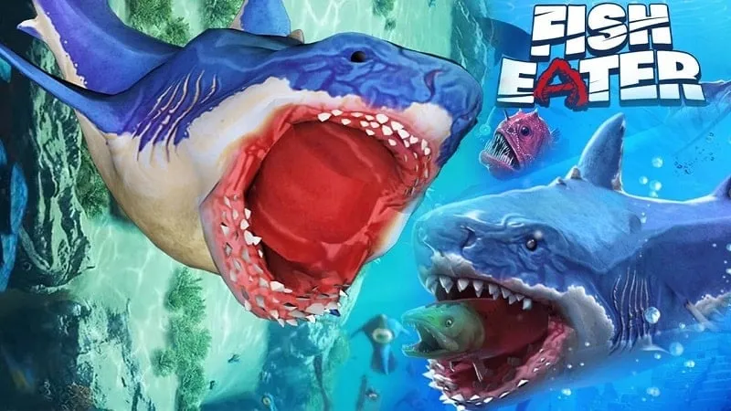A screenshot of the Fish Eater.io game showing various fish competing in an underwater environment.