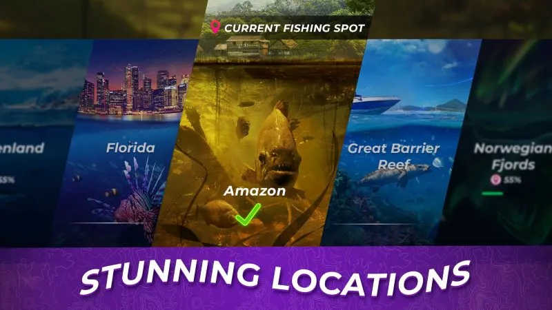 Different fishing locations and environments in Fishing Rival.