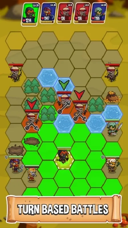 Upgrading heroes in Five Heroes MOD APK.