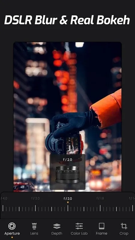 Tampilan antarmuka Focus DSLR Blur–ReLens Camera dengan alat dan efek editing
