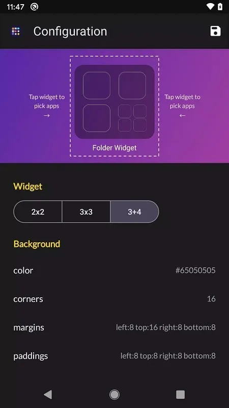 Visual guide on using the Folder Widget Mod APK features