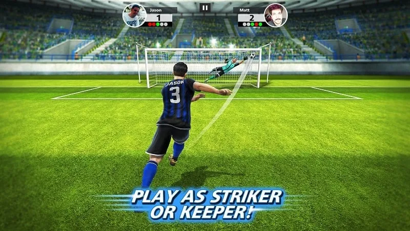 A screenshot of Football Strike: Online Soccer gameplay showing a player about to take a penalty kick.