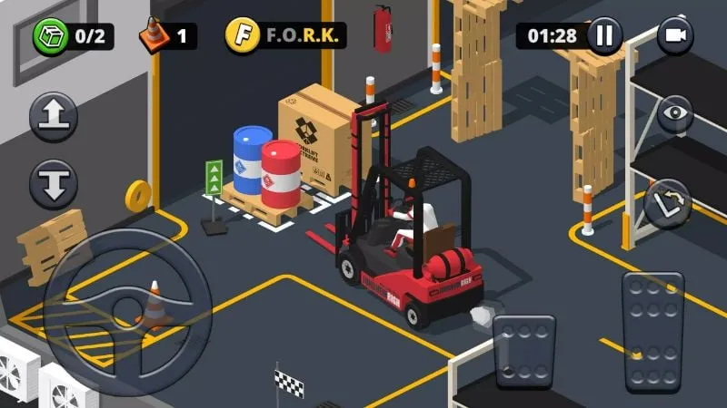 Forklift navigating a challenging obstacle course within the game.