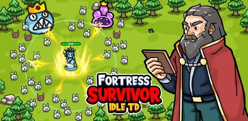 Tela inicial do jogo Fortress Survivor com destaque para as torres de defesa.