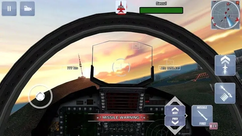 In-game screenshot of FoxOne Special Missions demonstrating the aerial combat and visual effects of the game.