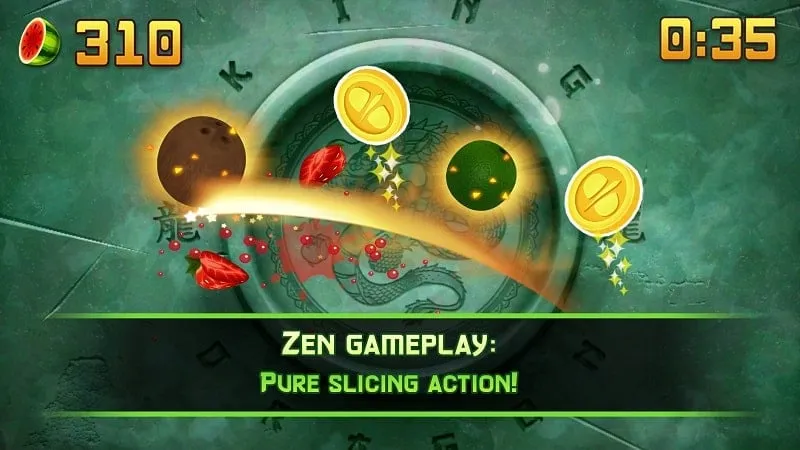 Playing Fruit Ninja Classic on an Android phone.