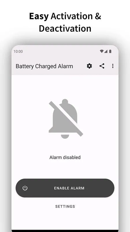 Interface do mod Full Battery Charge Alarm mostrando recursos premium