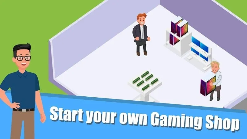 Tangkapan layar Gaming Shop Tycoon yang menampilkan antarmuka toko dalam game dengan berbagai macam komponen yang tersedia untuk dibeli.