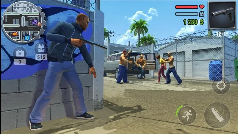 Tela do jogo Gangs Town Story com dinheiro infinito.